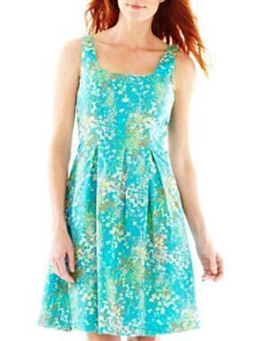 9&Co Dress Women’s 12 Turquoise Floral 100% Cotton Fit Flare Pockets Lined